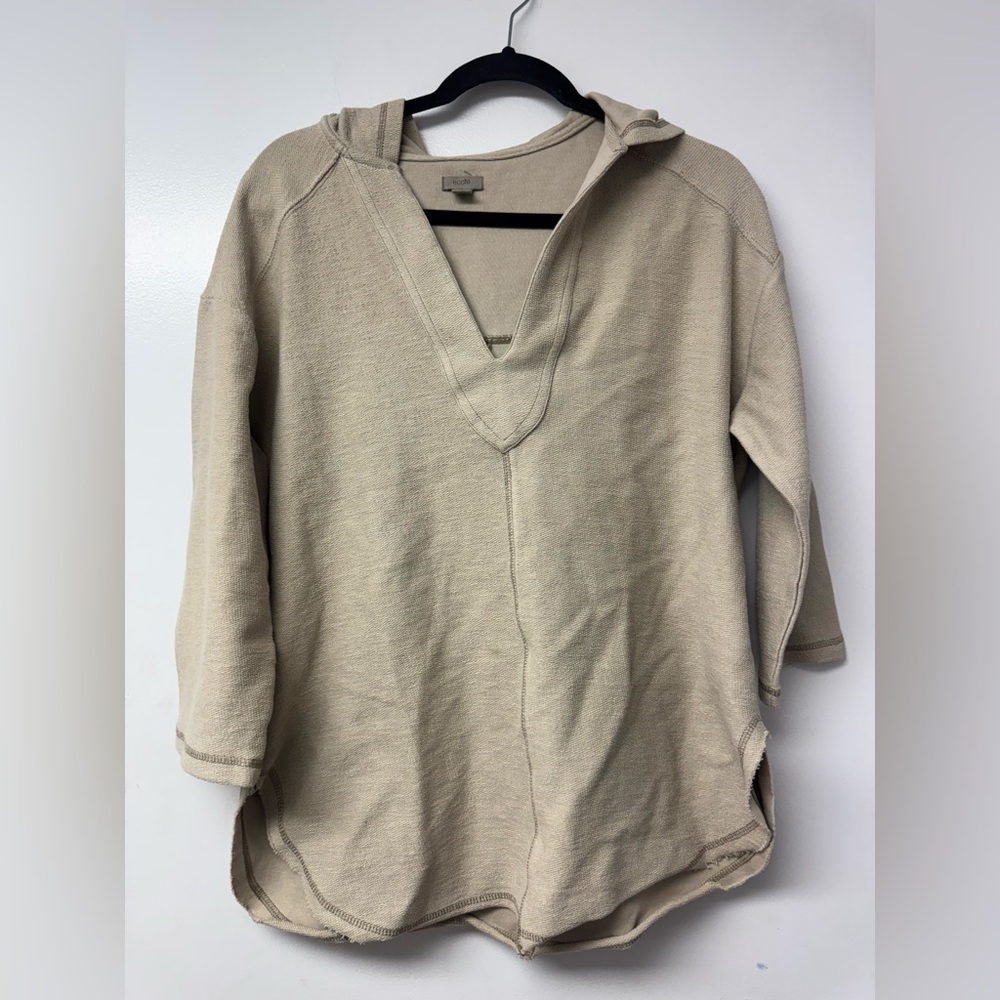 Ecote 100% Cotton Textured Hoodie Tunic Top Beige Small V-Neck Pullover Boho J